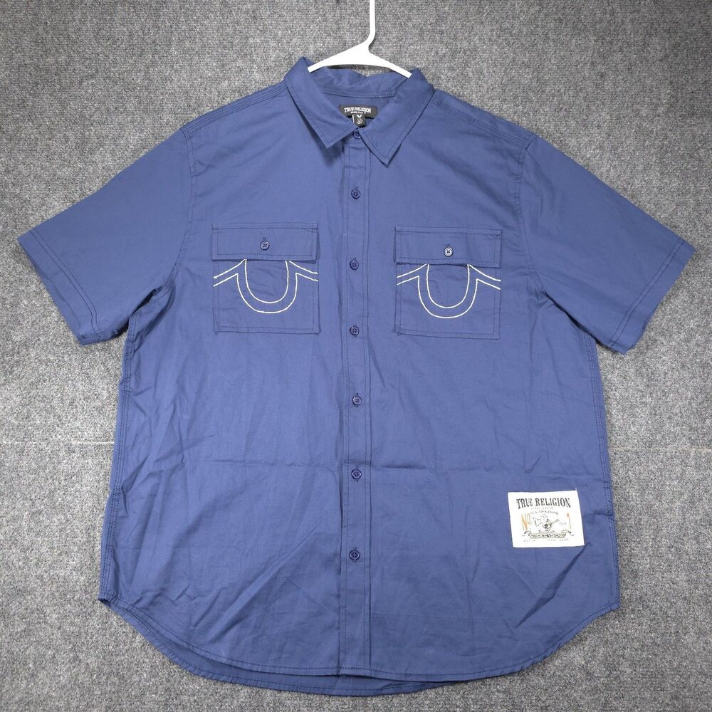 True Religion Brand Jeans Workwear Shirt Mens L Blue Horseshoe Embroidery